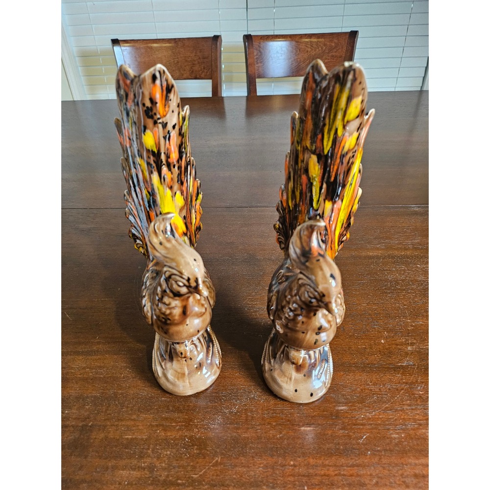 Vintage Ceramic Pheasant Figurines Pair Brown Orange Yellow Mid Century Glaze